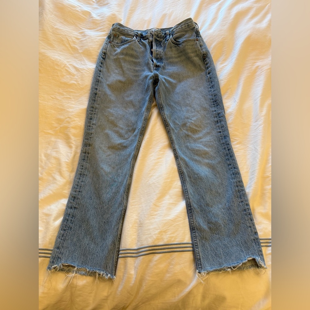 Agolde High Rise Frayed Hem Blue Jeans
